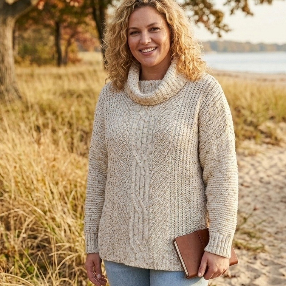 Lands End Womens Large Cowl Neck Cable Knit Marled Sweater Cream Tan Wool Cotton